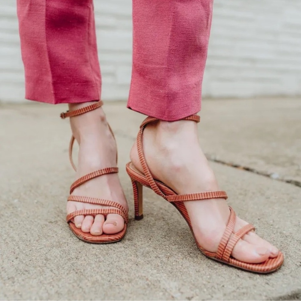 Inez - Pinkish Tan Lizard Skin embossed leather Strappy Heeled Sandals